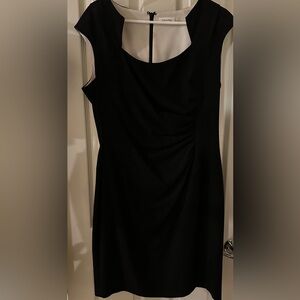 Calvin Klein Black Cap-Sleeve Midi Sheath Dress with Unique Neck
